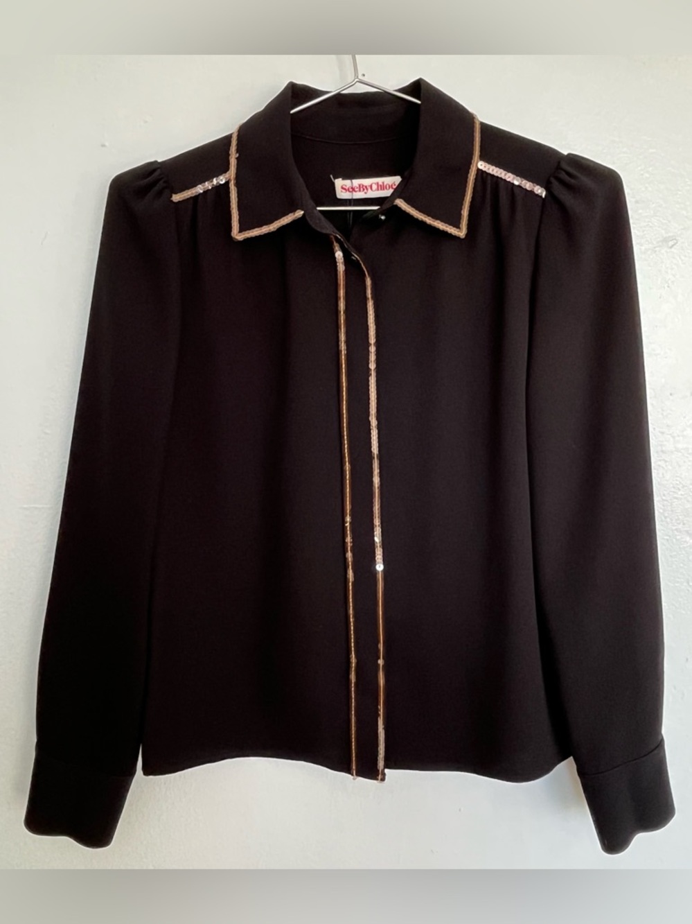 SEE BY CHLOE black long sleeve crepe blouse with gold sequin trim